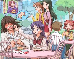 2boys 4girls ad ahoge artist_name ass bag bishoujo_senshi_sailor_moon black_eyes black_hair blue_pants blue_sky blush bob_cut bow bowtie breasts brown_eyes brown_hair brown_sailor_collar brown_shoes brown_skirt bubble_tea building burger bush car chair city closed_eyes closed_mouth collared_shirt commentary covered_eyes crayon_shin-chan crossover cup dated dating disposable_cup drink drinking_straw facial_hair flustered food food_on_face glasses goatee_stubble green_bow green_eyes green_hair green_skirt grey_shirt hair_bow hair_over_eyes hairband hand_up high_ponytail highres hino_rei holding holding_cup index_finger_raised isedaichi_ken ishizaka_midori japanese_clothes kanzaki_sumire kimono kumada_yuuichirou long_hair looking_at_another looking_to_the_side matsuzaka_ume mcdonald&#039;s medium_breasts mooning motor_vehicle multiple_boys multiple_girls neckerchief nohara_shinnosuke obi oosaka_naru open_mouth outdoors pants pink_bag pink_shirt pleated_skirt ponytail poster_(object) purple_hairband purple_kimono red_bow red_neckerchief red_skirt round_table sailor_collar sakura_taisen sash school_uniform serafuku shirt shoes short_hair shoulder_bag sitting skirt sky small_breasts smile speech_bubble spilling spoken_character standing stubble suspenders sweat table tomizawa_michie translated tree twitter_username umino_gurio voice_actor_connection walking white_shirt yellow_sash yellow_shirt