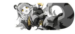 1girl :3 animal_ear_fluff animal_ears belt black_background blunt_bangs bow claw_pose elbow_gloves fingerless_gloves gloves greyscale highres ju_fufu letterboxed long_hair looking_at_viewer mindscape_cinema_(zenless_zone_zero) monochrome official_art open_mouth raccoon_ears raccoon_girl raccoon_tail simple_background smile solo spot_color tail tail_ornament tiger_ears tiger_tail yellow_eyes zenless_zone_zero