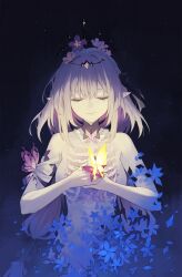 1girl bare_arms bare_shoulders black_ribbon black_tiara breasts bug butterfly castorice_(honkai:_star_rail) closed_eyes detached_collar dress flower hair_flower hair_ornament highres honkai:_star_rail honkai_(series) insect long_hair looking_at_viewer medium_breasts petals pointy_ears purple_butterfly purple_hair ribbon ribs shijiuqaq tiara very_long_hair white_dress yellow_butterfly