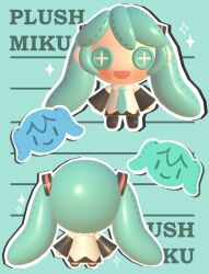 1girl 3d :d absurdres aqua_hair blush button_eyes buttons character_doll chibi chibi_only detached_sleeves english_text hatsune_miku highres lavy_(lavnko) long_hair multiple_views necktie open_mouth outline skirt smile sparkle twintails very_long_hair vocaloid white_outline