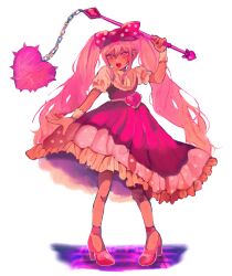 1girl arm_up bow dark-skinned_female dark_skin flail full_body hair_bow high_heels highres holding_flail long_hair ma_e_zo omori open_mouth pink_bow pink_eyes pink_hair pink_shoes polka_dot polka_dot_bow puffy_short_sleeves puffy_sleeves shoes short_sleeves simple_background solo sweetheart_(omori) twintails weapon white_background