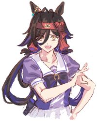 1girl animal_ears antenna_hair bow bowtie brown_hair ear_ornament fangs hair_over_one_eye hair_rings hand_on_own_hip headband highres horse_ears jagaimobeniko long_hair looking_at_viewer no no_reason_(umamusume) open_mouth purple_shirt sailor_collar school_uniform shirt short_sleeves simple_background skirt smile solo tracen_school_uniform umamusume upper_body white_background white_skirt yellow_eyes