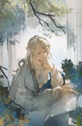 1boy 6_(reverse:1999) absurdres ancient_greek_clothes ao_mi_doufu architecture arm_on_table arm_rest backlighting blonde_hair blue_eyes branch bush chain circlet closed_mouth column elbows_on_table greco-roman_architecture greco-roman_clothes hair_between_eyes hand_on_own_chin head_rest highres himation leaf long_sleeves looking_at_viewer male_focus parted_bangs pillar plant reverse:1999 robe sidelocks sitting solo three_quarter_view white_robe white_sleeves