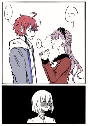 Rule 34 | 1girl, 2boys, 2koma, black background, black bow, blue hair, bow, brother and sister, comic, hands up, highres, multicolored hair, multiple boys, pink eyes, pink hair, red hair, siblings, speech bubble, sumino takumi, the hundred line -last defense academy-, tsukumo ima, tsukumo kako, twins, white background