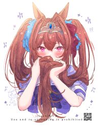 1girl animal_ears blush brown_hair covered_mouth cropped_torso daiwa_scarlet_(umamusume) hair_between_eyes hair_intakes holding holding_own_hair horse_ears horse_girl ittokyu long_hair looking_at_viewer pink_eyes purple_eyes school_uniform signature solo tiara tracen_school_uniform twintails twitter_username umamusume very_long_hair white_background