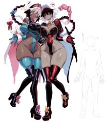 1boy 2girls black_hair breasts cameltoe character_request chomoran cleavage copyright_request dark-skinned_female dark_skin demon_girl detached_sleeves gloves hair_intakes heart height_difference high_heels highres holding_hands horns huge_breasts leotard medium_hair multicolored_hair multiple_girls necktie open_mouth orange_eyes red_hair ribbon size_difference spoken_heart standing tail tall_female thick_thighs thighhighs thighs two-tone_hair white_background white_hair wide_hips wings yellow_eyes