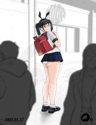 animal_ear_hairband animal_ears backpack bag black_hair blue_sailor_collar blue_skirt cat dated faceless faceless_female fake_animal_ears glasses hairband looking_at_viewer microskirt original panties pantyshot people plump q98780409 rabbit_ear_hairband rabbit_ears randoseru sailor_collar school_uniform shirt skirt standing twintails underwear white_panties white_shirt
