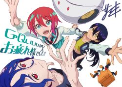 1boy 2girls amate_yuzuriha aqua_eyes aqua_shirt aqua_skirt black_hair blue_hair breasts closed_mouth collared_shirt colored_inner_hair conch_(gundam) gundam gundam_gquuuuuux haro holding jacket long_hair long_sleeves looking_at_viewer multicolored_hair multiple_girls necktie nyaan_(gundam_gquuuuuux) open_mouth purple_hair red_eyes red_hair robot school_uniform shirt short_hair shuji_ito simple_background skirt smile sweater tank_top two-tone_hair white_background yellow_eyes yoshiomi