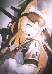 1girl absurdres animal_ear_fluff animal_ears armband black_choker black_sailor_collar blonde_hair blue_archive blue_eyes choker fang fox_ears fox_girl gloves goggles goggles_on_head green_gloves gun h&amp;k_ump hair_between_eyes highres holding holding_gun holding_weapon kurumi_(blue_archive) long_hair looking_to_the_side microphone neckerchief open_mouth red_neckerchief rifle sailor_collar shirt sidelocks solo submachine_gun ula_ula00 upper_body weapon white_shirt yellow_armband