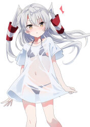 1girl alternate_costume amatsukaze_(kancolle) bikini black_bikini breasts brown_eyes cowboy_shot faceless faceless_male fathom feet_out_of_frame grey_hair hair_tubes highres kantai_collection long_hair see-through_clothes see-through_shirt shirt sideways_glance simple_background small_breasts solo swimsuit t-shirt two_side_up white_background white_shirt
