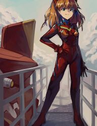 1girl absurdres blue_eyes bodysuit catwalk_(walkway) cloud day eva_02 highres kornod looking_at_viewer mecha_pilot_suit neon_genesis_evangelion orange_hair plugsuit_(evangelion) red_bodysuit shadow solo souryuu_asuka_langley sunlight