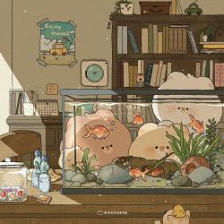 4others animal artist_name bear book bookshelf calendar_(object) candy chair chibi commentary fish fish_tank food goldfish highres indoors jar kocobear multiple_others no_humans original plant poster_(object) potted_plant rubber_duck scenery solid_circle_eyes symbol-only_commentary table toy_car