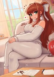 1girl blush breasts brown_hair cleavage collarbone couch crossed_legs cup curtains doki_doki_literature_club earrings green_eyes grey_pants grey_sweater hair_ribbon hand_on_own_knee heart heart-shaped_pillow jewelry large_breasts letter long_hair long_sleeves looking_at_viewer love_letter monika_(doki_doki_literature_club) mug necklace off-shoulder_sweater off_shoulder on_couch pants paper pearl_necklace pen picture_frame pillow plant ponytail red_lips ribbon ring sidelocks sitting sky smile smiley_face sparkle sweater sweatpants thick_thighs thighs tony_welt tree white_ribbon wide_hips window