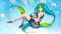 Rule 34 | 1girl, absurdly long hair, black shoes, blue background, blunt bangs, catch the wave (vocaloid), colored inner hair, crop top, eyeliner, full body, handheld game console, hatsune miku, hatsune miku (catch the wave), highres, holding, holding handheld game console, kunknee, long hair, looking at viewer, makeup, midriff, miku day, multicolored hair, musical note, ninten, open mouth, red eyeliner, shoes, solo, spiked hair, twintails, very long hair