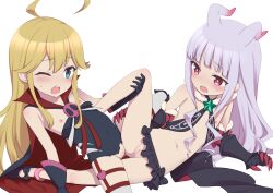 2girls ahoge antenna_hair bare_shoulders bikini black_bikini black_cape black_footwear black_gloves black_leotard black_skirt blonde_hair blue_eyes blush cape censored kodomo_doushi clawed_gauntlets commission commissioner_upload covered_navel crossover doronjo female_focus flat_chest gauntlets gloves grey_hair highres hoshimiya_kate kannazuki_genshi knee_up leaning_back leg_grab leopard_(yatterman) leotard loli long_hair lying microskirt mosaic_censoring multiple_girls navel nipples no_panties on_back on_side one_eye_closed open_mouth pussy pussy_juice red_cape red_eyes sekai_seifuku:_bouryaku_no_zvezda shoes simple_background skeb_commission skirt spread_legs strapless strapless_leotard swimsuit thigh_strap thighhighs thighs time_bokan_(series) torn_clothes torn_leotard trait_connection tribadism venera-sama white_background white_thighhighs yatterman yoru_no_yatterman yuri