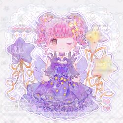 artist_request bare_shoulders blunt_bangs brown_eyes choker closed_mouth colored_eyelashes commission dot_nose dress drill_hair earrings frilled_dress frills gloves gown grey_background hair_ornament happy heart heart_background heart_hands heart_in_eye highres jewelry lace-trimmed_choker lace_trim light_blush looking_at_viewer nikki_(nikki) nikki_(series) one_eye_closed outline pink_hair purple_choker purple_dress purple_gloves ringlets sample_watermark shining_nikki short_hair short_twintails single_earring smile star_(symbol) star_choker star_earrings star_hair_ornament star_print star_sea_(nikki) strapless strapless_dress symbol_in_eye tareme too_many_watermarks twin_drills twintails watermark watermark_grid white_outline