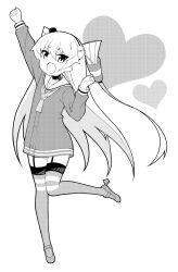 Rule 34 | 1girl, amatsukaze (kancolle), ataru (ataru-littlebird), choker, clenched hand, dress, full body, greyscale, hair tubes, hat, highres, kantai collection, lifebuoy ornament, long hair, mini hat, monochrome, neckerchief, rudder footwear, sailor collar, sailor dress, smokestack hair ornament, solo, striped clothes, striped thighhighs, thighhighs, two side up