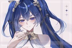 1girl ahoge ancient_greek_clothes bare_shoulders blue_eyes blue_hair blush commentary_request crescent greco-roman_clothes hair_belt hair_ornament hand_on_own_hip head_wreath highres iuno_(wuthering_waves) jewelry long_hair looking_at_viewer nail_polish nukoxx_02 pink_nails portrait ring sidelocks smile solo star_(symbol) twintails twitter_username upper_body wuthering_waves