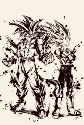 Rule 34 | 2boys, body fur, boots, crossed arms, dragon ball, dragon ball daima, full body, gloves, grey background, highres, ink wash painting, looking at viewer, male focus, monochrome, multiple boys, no eyebrows, pants, saiyan armor, simple background, son goku, spiked hair, spmjg7, super saiyan, super saiyan 3, super saiyan 4, vegeta