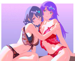 Rule 34 | 2girls, black bra, black hair, black panties, blue eyes, bra, braid, breasts, cleavage, glasses, hanekawa tsubasa, large breasts, lingerie, long hair, looking at viewer, medium breasts, monogatari (series), multiple girls, navel, panties, purple eyes, purple hair, rapa rachi, red bra, senjougahara hitagi, twin braids, underwear, underwear only, yuri