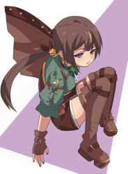 1girl angry anya_melfissa anya_melfissa_(steampunk) ascot blonde_hair boots bow bowtie breasts brown_boots brown_bow brown_cape brown_gloves brown_hair brown_shorts cape chest_harness cross-laced_clothes cross-laced_sleeves embarrassed fingerless_gloves full_body gloves green_bow green_bowtie green_brooch green_shirt hair_bow harness highres hololive hololive_indonesia lace-up_boots long_hair looking_at_viewer low_ponytail ludwigtk medium_breasts multicolored_hair official_alternate_costume official_alternate_hairstyle ponytail purple_eyes shirt shorts solo streaked_hair thigh_boots thigh_strap three-quarter_sleeves virtual_youtuber white_ascot