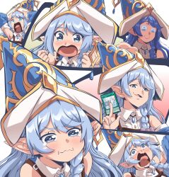 1girl aqua_(konosuba) arms_up bare_shoulders blue_eyes blue_hair blue_hat blue_sleeves blush braid breast_strap card closed_mouth collared_dress commentary crying crying_aqua_(meme) crying_with_eyes_open detached_sleeves dress duel_monster elf english_commentary hair_between_eyes hat highres holding holding_card kono_subarashii_sekai_ni_shukufuku_wo! lewdamone long_hair meme multiple_expressions multiple_views open_mouth panicking pointy_ears rite_of_aramesir side_braid sidelocks single_braid smug swept_bangs tantrum tears trading_card upper_body water_enchantress_of_the_temple white_dress witch_hat yu-gi-oh!