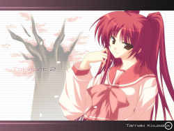 Rule 34 | 1girl, adjusting hair, bow, bowtie, brown eyes, character name, cherry blossoms, closed mouth, copyright name, female focus, highres, kousaka tamaki, letterboxed, light smile, long hair, looking at viewer, miyatsuki itsuka, petals, pink bow, red hair, school uniform, serafuku, solo, to heart (series), to heart 2, tree, upper body