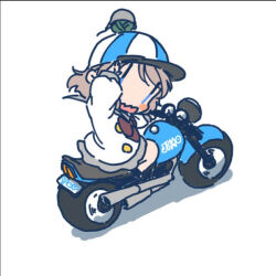 1girl baseball_cap blue_eyes chibi grey_hair hat love_live! love_live!_sunshine!! motor_vehicle motorcycle salute school_uniform serafuku short_hair skirt solo watanabe_you winter_clothes