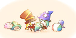 2girls afro black_boots black_dress blonde_hair blue_hat blush_stickers boots brown_hat cape chibi chibi_only commentary_request creator_(ragnarok_online) dress eye_print full_body genetic_(ragnarok_online) green_hair green_hat hat lautrec_v long_hair lunatic_(ragnarok_online) multiple_girls open_mouth print_hat purple_hat ragnarok_online red_cape red_dress smile star_(symbol) star_print top_hat vanilmirth_(ragnarok_online) white_boots wig witch_hat
