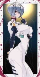 1girl alternate_breast_size arched_back ayanami_rei blue_hair bodysuit breasts huge_breasts kinakomochi_(user_vedc2333) looking_at_viewer mecha_pilot_suit neon_genesis_evangelion plugsuit_(evangelion) short_hair solo white_bodysuit