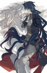 2boys blade_(honkai:_star_rail) blue_hair closed_eyes full_body grey_hair highres honkai:_star_rail honkai_(series) jing_yuan kiss long_hair long_sleeves lying male_focus mississipping multiple_boys on_side pants