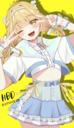 1girl ;d absurdres blonde_hair blue_skirt blush braid center_frills character_name commentary commentary_request cropped_jacket cropped_shirt double_v fang french_braided_twintails frilled_wristband frills fujita_kotone gakuen_idolmaster hair_ribbon hands_up happy_birthday highres idolmaster jacket kazama_gorou looking_at_viewer one_eye_closed open_mouth ribbon shadow shirt skirt smile solo twin_braids v white_jacket white_ribbon white_shirt yellow_eyes