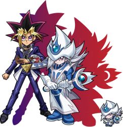 Rule 34 | 1boy, 1girl, black choker, black shirt, blonde hair, blue jacket, blue pants, card, chain, chibi, choker, duel disk, duel monster, gloves, grey hair, holding, holding card, holding wand, jacket, long hair, millennium puzzle, monster strike, multicolored hair, muto yugi, official art, pants, purple eyes, shirt, silent magician, silent magician lv4, tabard, wand, white gloves, white tabard, yu-gi-oh!