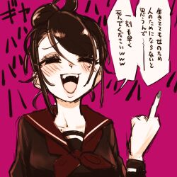 1girl ahoge blush collarbone eisu_(eith) eyelashes greyscale hair_between_eyes hair_bun highres laughing mari_(eisu) middle_finger mole mole_on_collarbone mole_under_eye monochrome original pink_background school_uniform serafuku short_hair simple_background translation_request