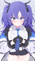 1girl :t absurdres black_gloves black_halo black_jacket black_skirt blue_archive blue_necktie blush commentary_request fortysansan gloves halo highres holding_necktie jacket looking_at_viewer mechanical_halo necktie purple_eyes purple_hair shirt skirt thighs twintails white_jacket white_shirt yuuka_(blue_archive)