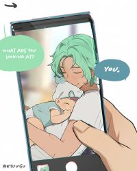 2boys blue_shirt blurry blurry_background brown_hair child closed_eyes cove_holden curtained_hair diaper green_hair hat inset_border leaning_on_person male_focus multiple_boys nightcap our_life:_beginnings_and_always ryuuieu shirt sleeping sleeping_on_person smile speech_bubble viewer_holding_phone viewer_self-insert