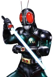 1988 1boy antennae armor belt rider_belt energy_sword gloves helmet highres kamen_rider kamen_rider_black_rx kamen_rider_black_rx_(series) male_focus mask masukudo_(hamamoto_hikaru) new_kamen_rider red_eyes revolcane rider_belt solo standing sword tokusatsu weapon white_background