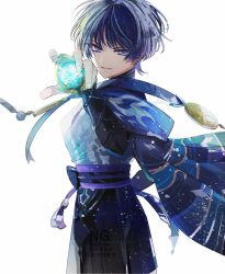Rule 34 | 1boy, anemo symbol (genshin impact), aqua gemstone, armor, asrhion, belt, bishounen, black belt, black bow, black bridal gauntlets, black shorts, blue cape, blunt ends, bow, bridal gauntlets, cape, eyeliner, eyeshadow, feathers, fingernails, from side, gem, genshin impact, glowing markings, gold, hakama, hakama shorts, hand up, highres, hip vent, holding, japanese armor, japanese clothes, kimono, kote, kurokote, looking at viewer, makeup, male focus, parted lips, pleated shorts, pom pom (clothes), purple eyes, purple hair, purple rope, red eyeliner, red eyeshadow, rope, scaramouche (genshin impact), shorts, smile, solo, tassel, tsurime, twitter username, vision (genshin impact), wanderer (genshin impact), watermark, white background, white kimono, white trim