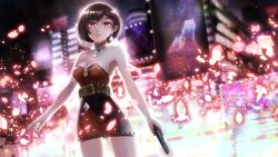 1girl belt belt_buckle black_belt bob_cut breasts brown_hair buckle building cleavage dress earrings gun highres holding holding_gun holding_weapon jewelry kozou_kazaru lips medium_breasts meiko_(vocaloid) necklace purple_nails red_dress red_eyes shoes solo swept_bangs vocaloid weapon