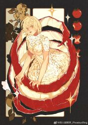 1girl apple blonde_hair breasts dungeon_meshi falin_touden falin_touden_(chimera) feathers food fruit highres looking_at_viewer medium_hair monster_girl phoebus_ring solo sparkle spoilers underboob white_feathers