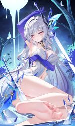 1girl absurdres arm_under_breasts armpits ass barefoot blush breasts dress feet genshin_impact gloves gradient_gloves gradient_thighhighs highres holding holding_sword holding_weapon jndfh large_breasts long_hair looking_at_viewer navel night night_sky no_shoes parted_lips purple_gloves sitting skirk_(genshin_impact) sky solo stomach sword weapon white_dress white_hair yokozuwari