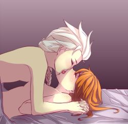 2girls anna_(frozen) bed blanket blush braid closed_eyes elsa_(frozen) freckles french_kiss frozen_(disney) gradient_background incest interlocked_fingers kiss kiss_focus lying multiple_girls nobyas nude orange_hair siblings sisters tongue upper_body white_hair yuri