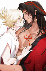 2boys absurdres arm_tattoo asura_(onmyoji) bishounen black_hair blonde_hair chest_tattoo closed_mouth commentary earrings eyeliner facial_mark from_side green_eyes hand_on_another&#039;s_chest highres jewelry konsai_2 long_hair looking_at_another makeup male_focus multicolored_hair multiple_boys muscular muscular_male onmyoji pectorals red_eyeliner red_hair red_tattoo short_hair simple_background skinny streaked_hair symbol-only_commentary taishakuten_(onmyoji) tattoo two-tone_hair upper_body white_background yaoi