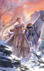 1girl animal armored_boots artist_request bare_bush bare_tree blonde_hair blue_eyes boots bush cloak closed_mouth cloud collarbone dress expressionless floating_hair full_body fur-trimmed_cloak fur-trimmed_dress fur_trim game_cg gauntlets gold_boots gold_necklace highres holding holding_sword holding_weapon horse jewelry lace lace_thighhighs light_frown long_hair looking_ahead mountain necklace nikki_(series) official_art orange_sky outdoors ponytail reins saddle shining_nikki short_dress sky snow snowflakes snowing solo song_of_dawn_(shining_nikki) standing strapless strapless_dress sunset sword thigh_boots thighhighs tree very_long_hair visor_(armor) weapon white_thighhighs winter yellow_cloak yellow_dress yunikina_(shining_nikki) zettai_ryouiki