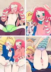 2boys 2girls anus bike_shorts blonde_hair blush breasts bud_bison_(mega_man) cleft clothes_lift commission double_v drill_hair drink female_masturbation fingering green_eyes hat hetero highres long_hair luna_platz_(mega_man) masturbation mega_man_(series) mega_man_star_force_(series) multiple_boys multiple_girls navel nipples open_mouth panties pantyhose pink_hair pussy shirt_lift skeb_commission small_breasts smile sonia_strumm_(mega_man) striped_clothes striped_pantyhose sweat twin_drills ukokkei underwear undressing_another v