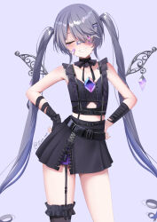 Rule 34 | 1girl, absurdres, arm wrap, azurarts, bandaid, bandaid on cheek, bandaid on face, bandaid on nose, black gloves, black shirt, black skirt, black thighhighs, chest jewel, frilled thighhighs, frills, gem, gloves, grey hair, grin, hair over one eye, highres, hololive, hololive english, jewel under eye, koseki bijou, koseki bijou (casual), long hair, metal wings, official alternate costume, official alternate hairstyle, one eye closed, pink eyes, purple gemstone, shirt, single glove, single thighhigh, skirt, smile, solo, teeth, thighhighs, twintails, virtual youtuber, zipper, zipper pull tab