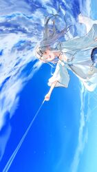 1girl :d blonde_hair breasts cloud cloudy_sky collarbone contrail cowboy_shot dnamaguro dutch_angle gakuen_idolmaster highres idolmaster jacket long_hair looking_at_viewer open_clothes open_jacket open_mouth orange_eyes pointing shinosawa_hiro shirt sky small_breasts smile solo white_shirt wide_sleeves