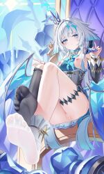 1girl absurdres asymmetrical_footwear barefoot bishop_(chess) blue_dress blue_eyes blue_hair breasts breasts_out cerydra_(honkai:_star_rail) chess_piece crown dress feet foot_focus hair_intakes highres holding holding_chess_piece honkai:_star_rail honkai_(series) jndfh king_(chess) long_hair looking_at_viewer mini_crown nipples open_mouth parted_lips pawn_(chess) pussy rook_(chess) single_thighhigh sitting_on_throne small_breasts soles solo thigh_strap thighhighs thighs toes uneven_footwear wings