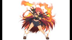 1girl absurdres alternate_form aura black_shirt black_skirt brown_shoes dark-skinned_female dark_skin fiery_aura fire frown hair_down highres holding holding_sword holding_weapon homura_(senran_kagura) long_hair looking_at_viewer midriff multiple_swords narrowed_eyes navel non-web_source official_art ouroboros pillarboxed red_eyes red_hair senran_kagura senran_kagura_burst shirt shoes skirt socks solo sword tan weapon white_background white_socks yaegashi_nan