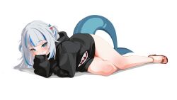 1girl alternate_costume black_hoodie blue_eyes blue_hair blunt_bangs closed_mouth commentary english_commentary feet fins fish_tail gawr_gura hair_ornament high_heel_sandals hololive hololive_english hood hood_down hoodie light_blush long_hair long_sleeves looking_at_viewer lying multicolored_hair sansha_art shark_girl shark_hair_ornament shark_print shark_tail simple_background smile solo streaked_hair tail two_side_up virtual_youtuber white_background white_hair